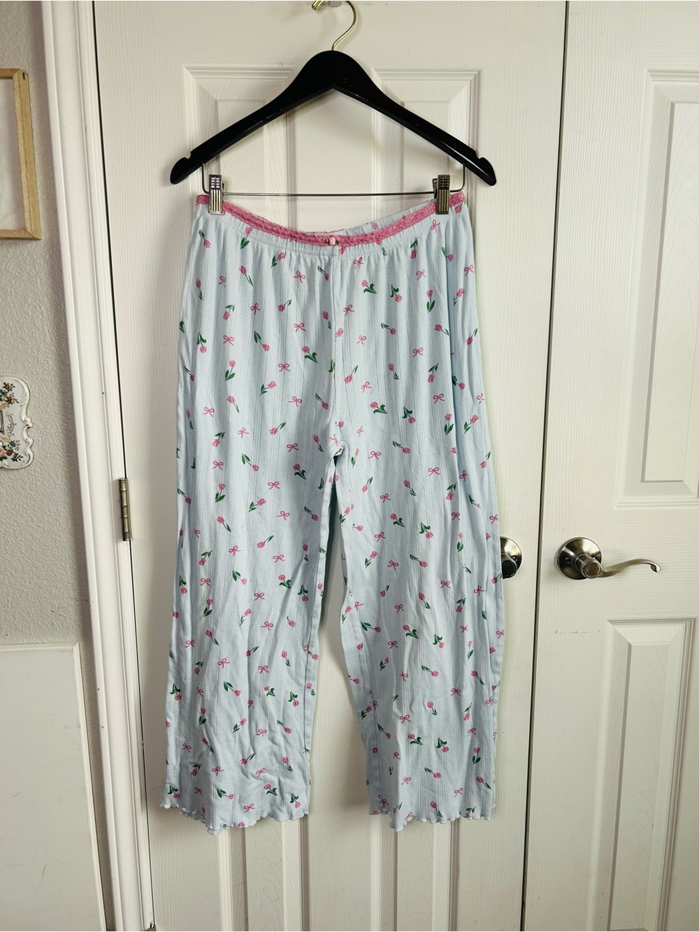 Messy Bun Just Chillin blue pink flower & bow print lace waistband pajama pants